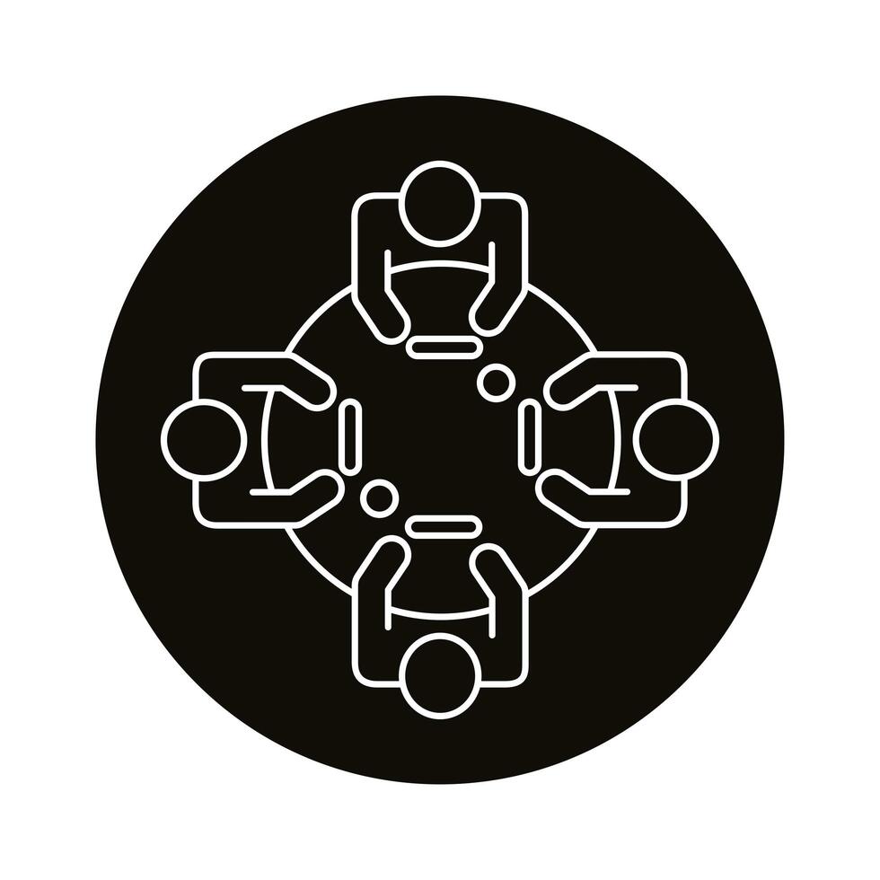 four workers in round table coworking line style icon vector