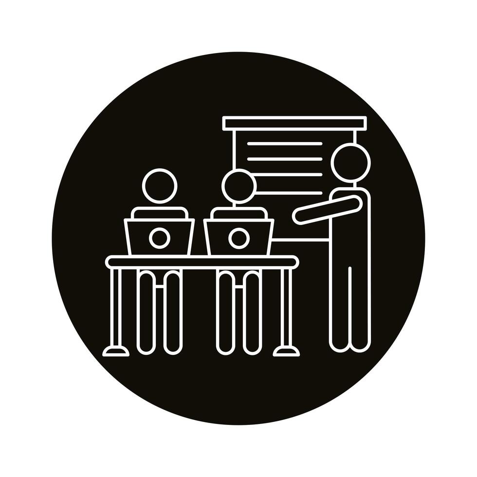 three workers with laptops in the office coworking line style icon vector