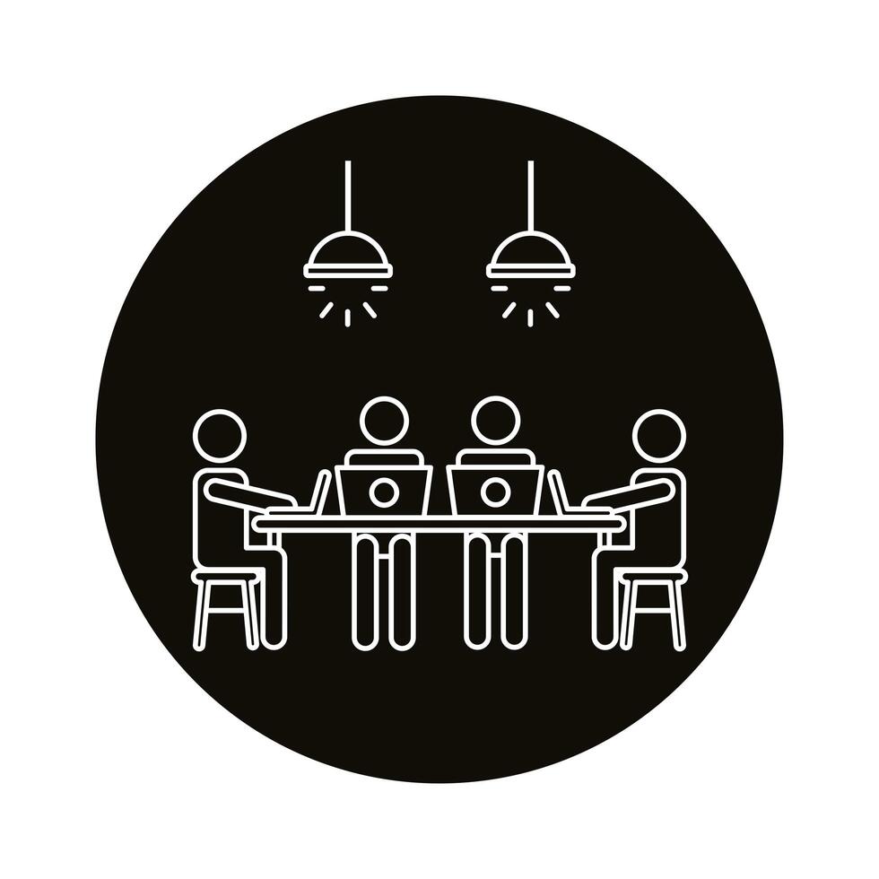 four workers in table with laptops coworking line style icon vector