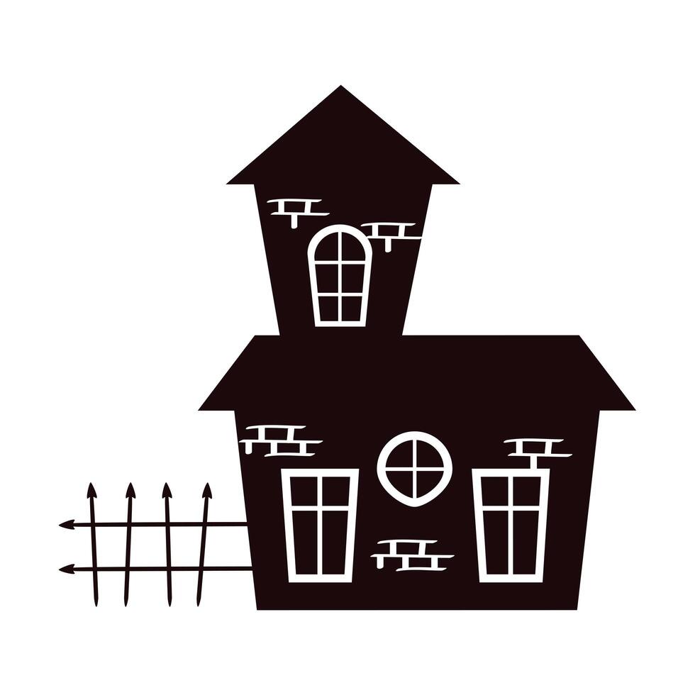 halloween haunted house building with fence silhouette vector