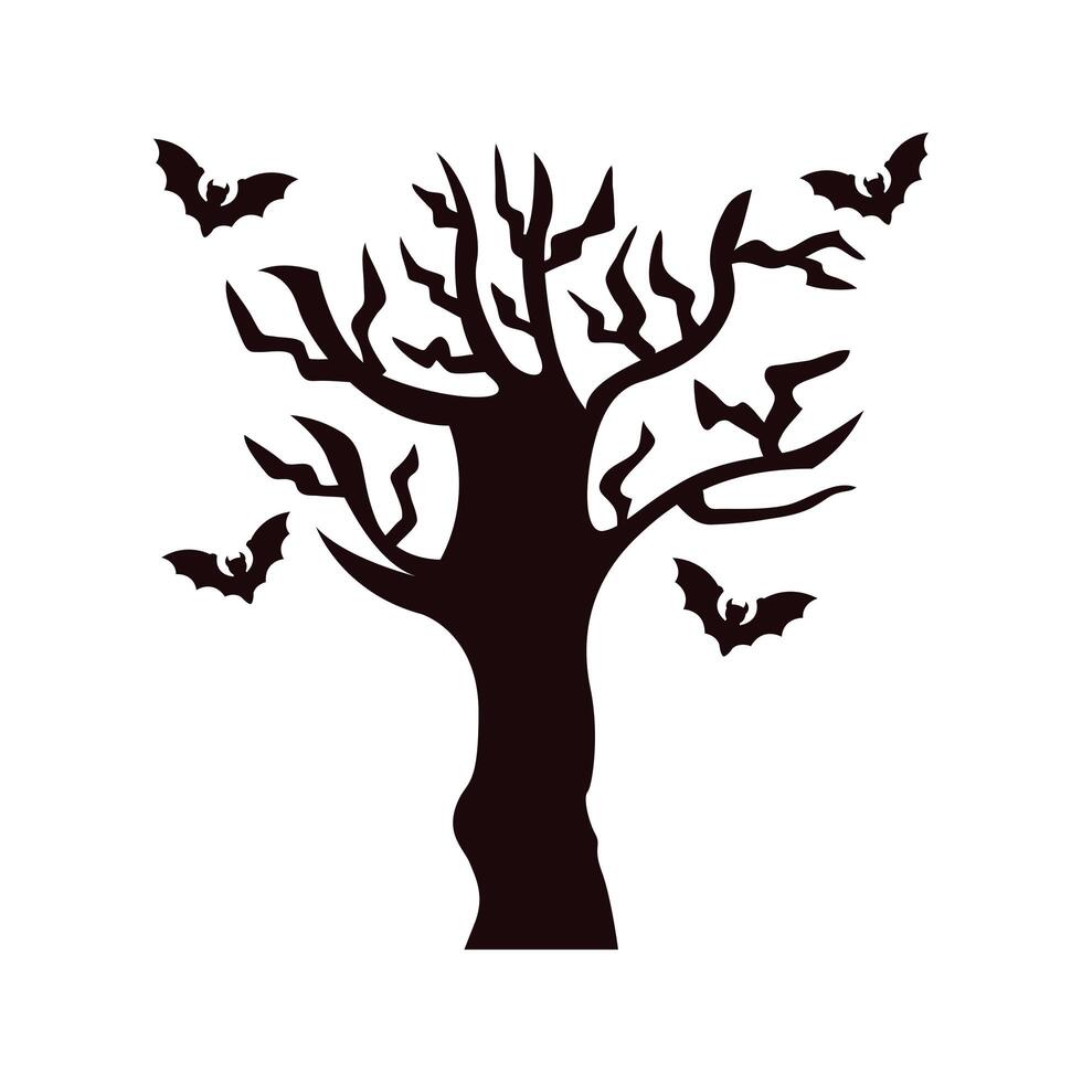 halloween bats flying with tree scene vector