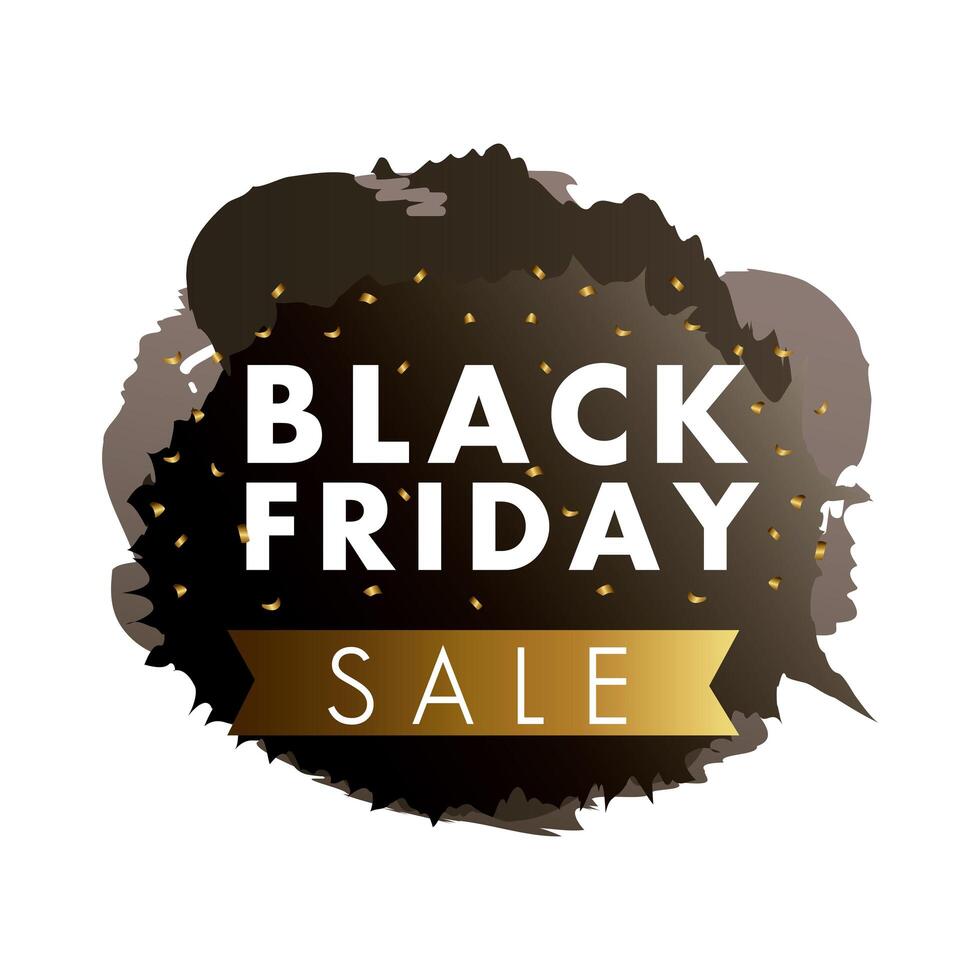 black friday sale label in black paint stain with golden ribbon vector