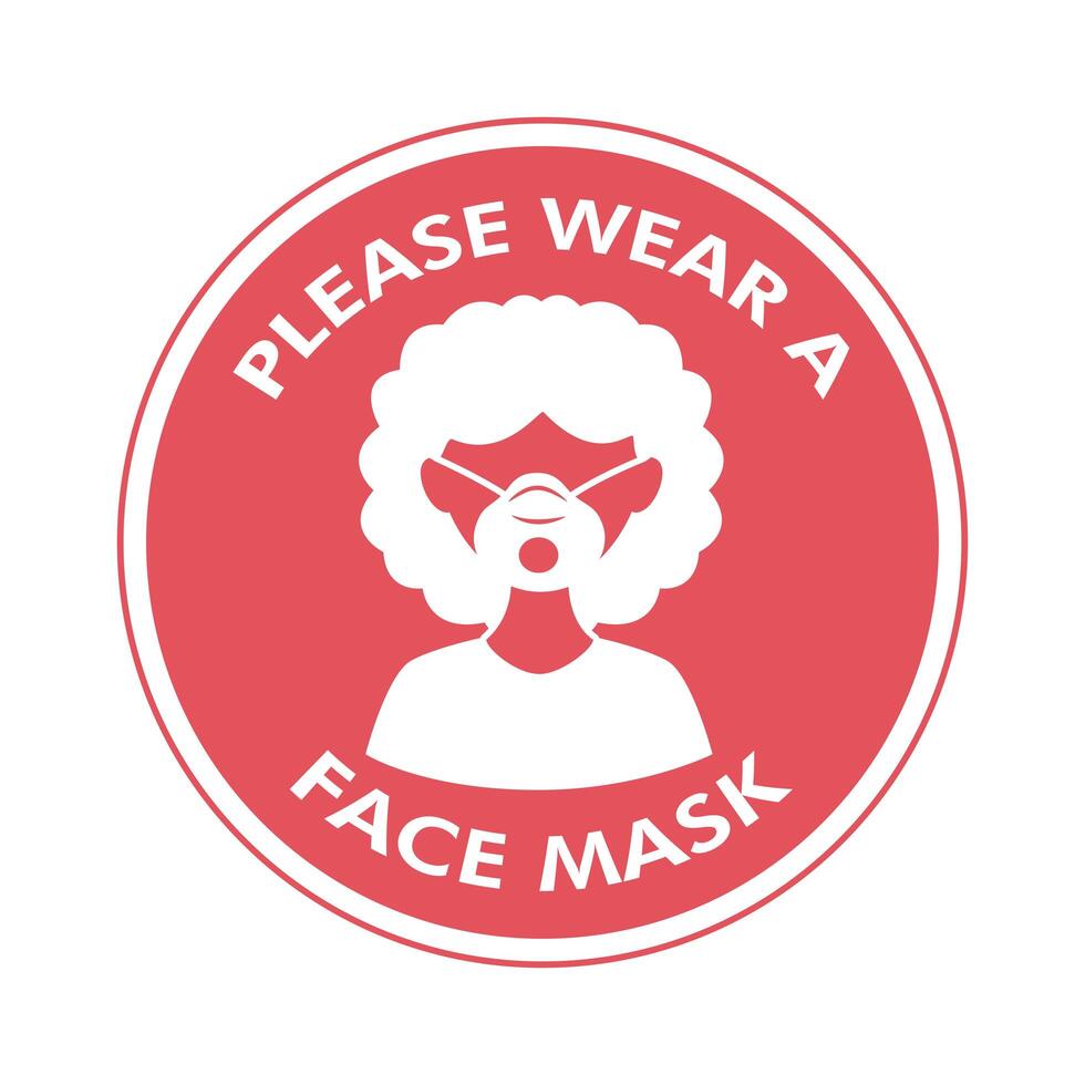 mask required circular label stamp with woman wearing face mask vector