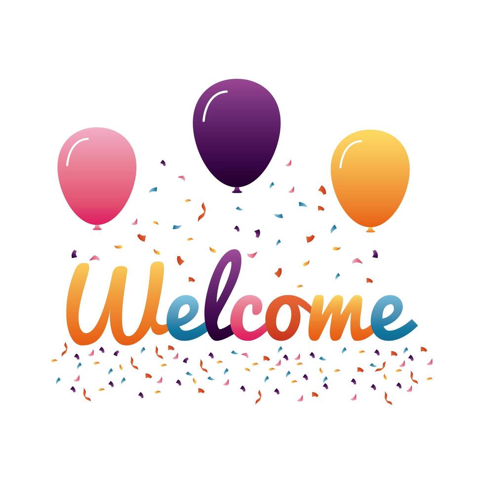 welcome label lettering with colors letters and balloons helium vector