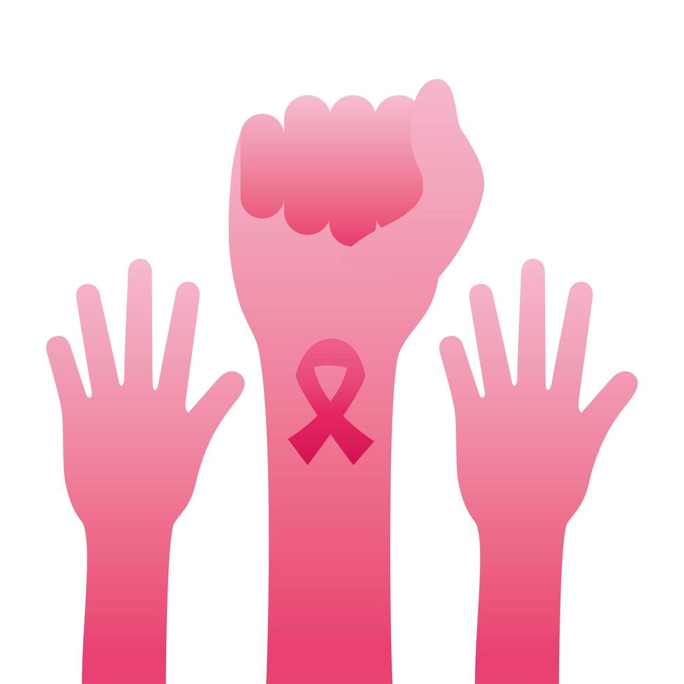 hands fight with pink ribbon breast cancer silhouette style icon vector