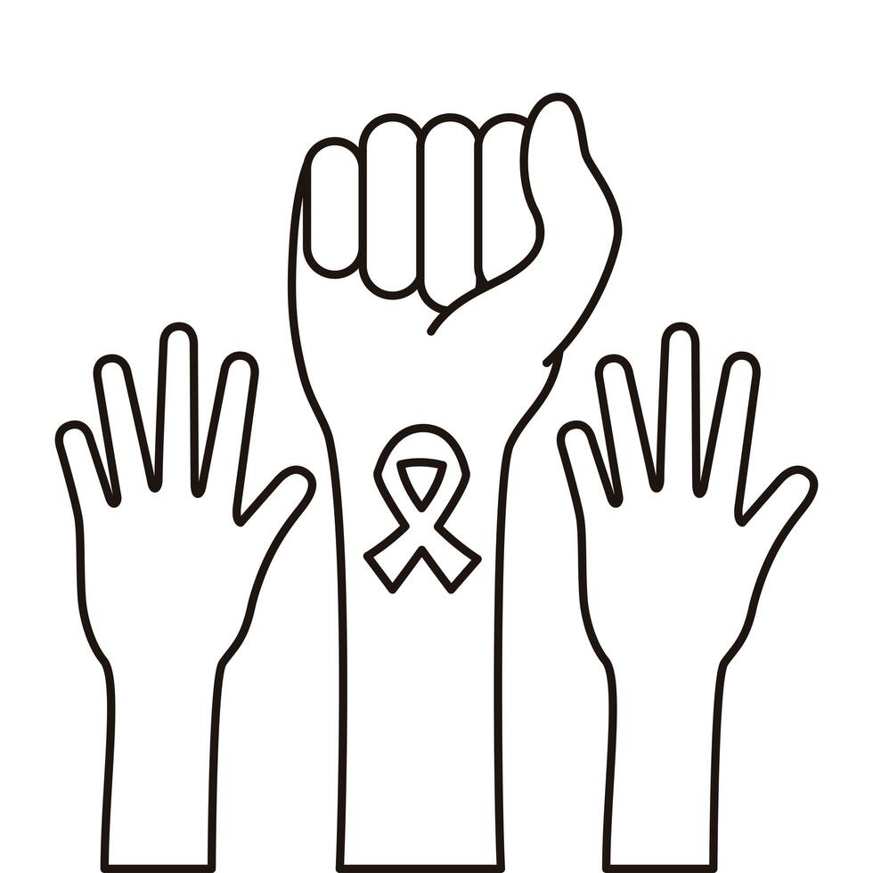 hands fight with ribbon breast cancer line style icon vector