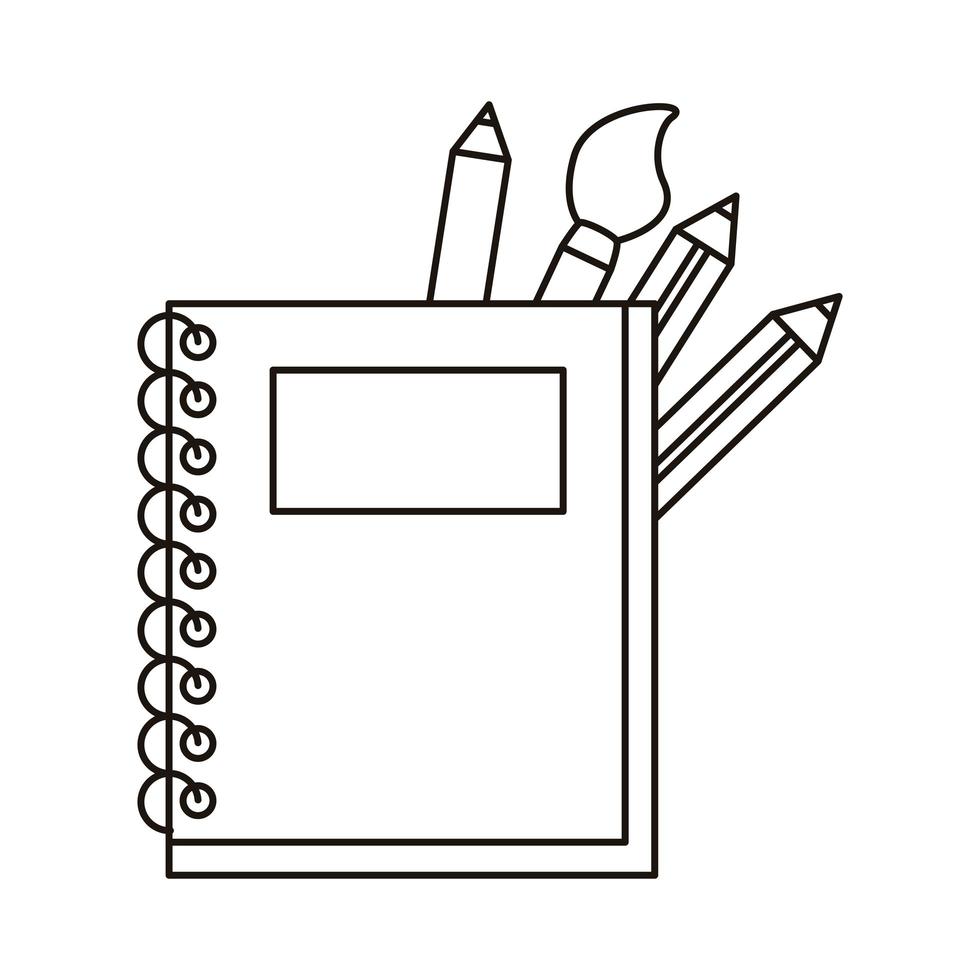 escuela portátil con lápices de colores e icono de estilo de línea de pincel vector