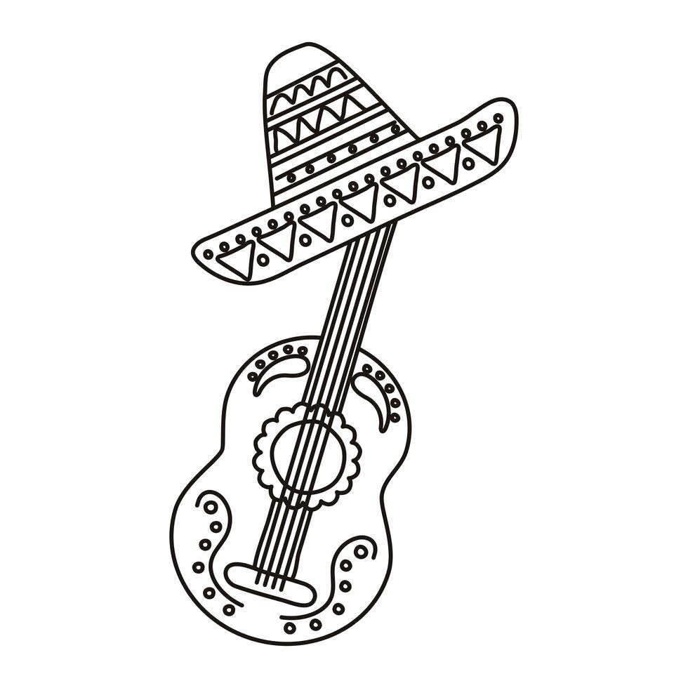 guitar with traditional mexican hat line style icon vector