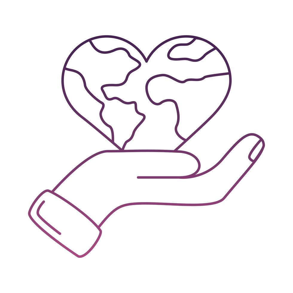Mano humana levantando el planeta tierra con icono de estilo de línea en forma de corazón vector
