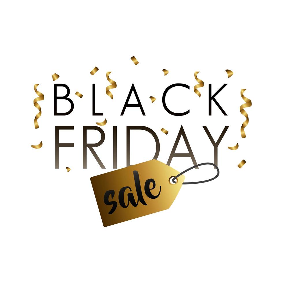 black friday sale lettering with golden tag vector