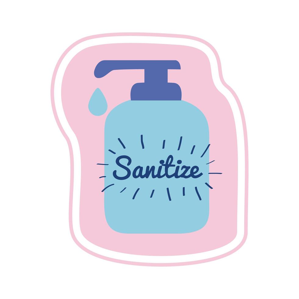 sanitize lettering campaign with antibacterial soap bottle vector