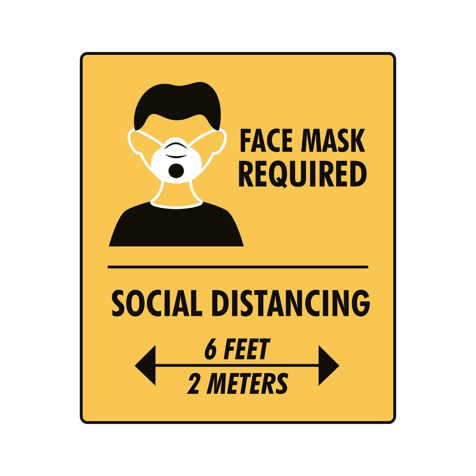 mask required and social distancing square label stamp with man using mask vector