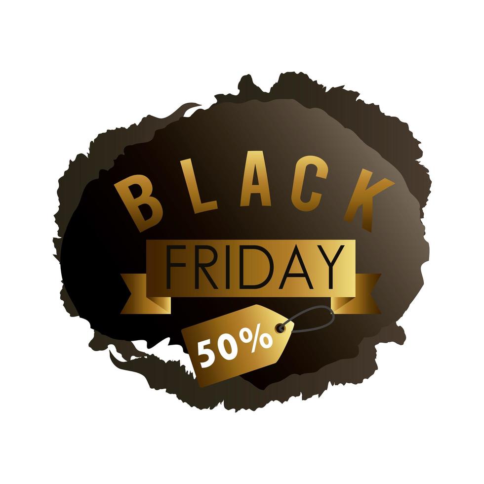 black friday sale label in black paint stain with golden ribbon and tag vector