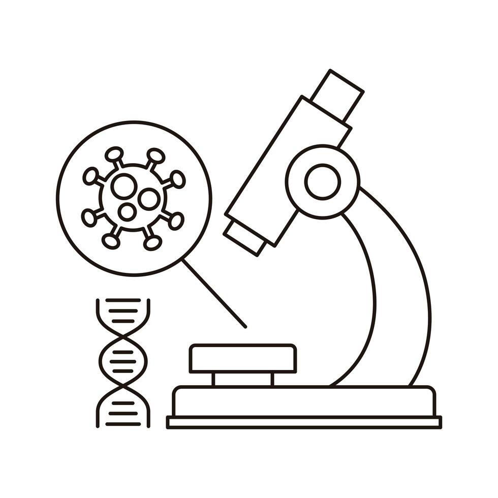 partícula covid19 en microscopio e icono de estilo de línea de molécula de adn vector