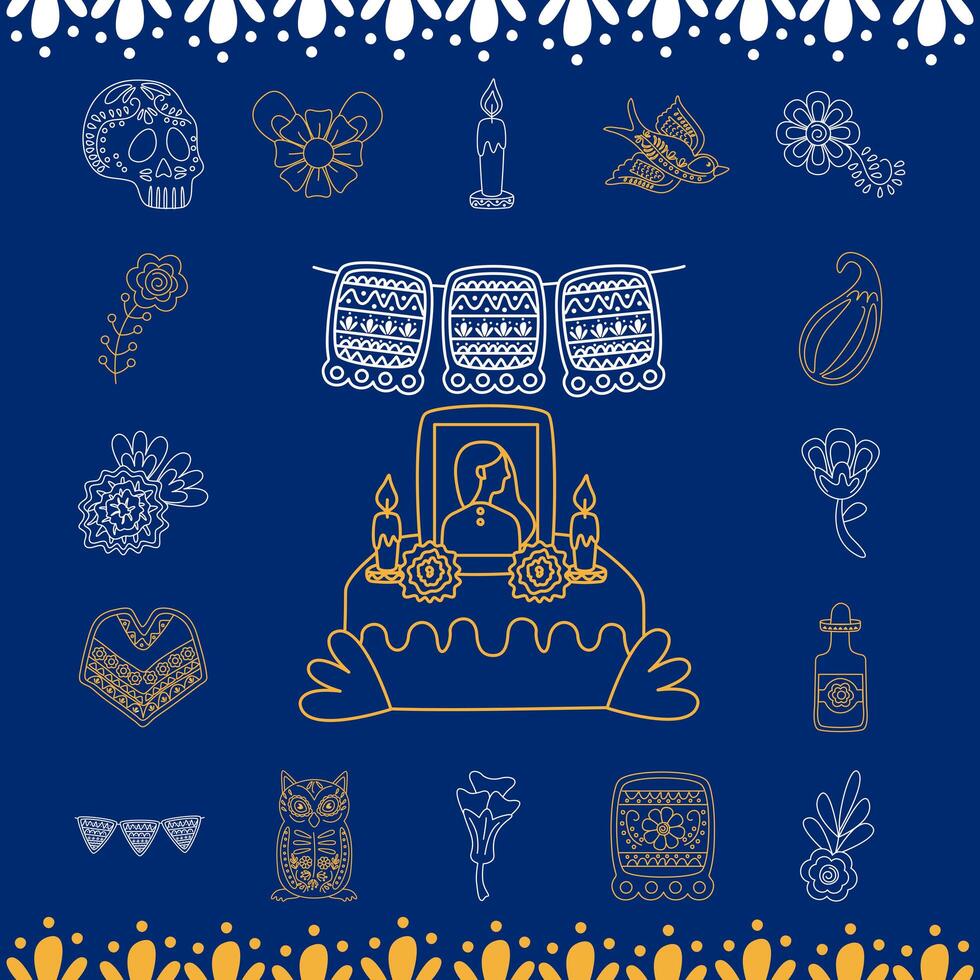 mexican altar of day of the dead with bundle of set line style icons vector