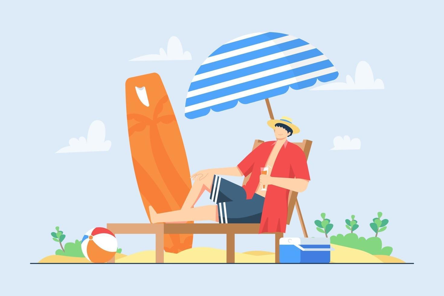 A man relaxes at the beach during summer holiday vector illustration scene