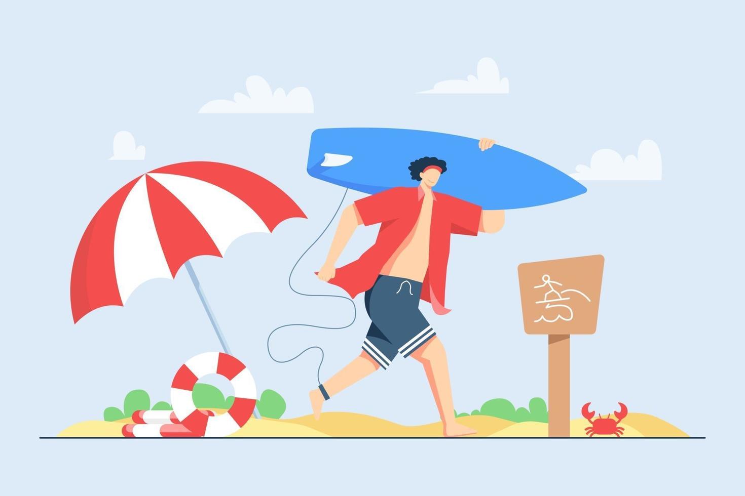 A boy goes surfing at the beach during summer holiday vector illustration scene