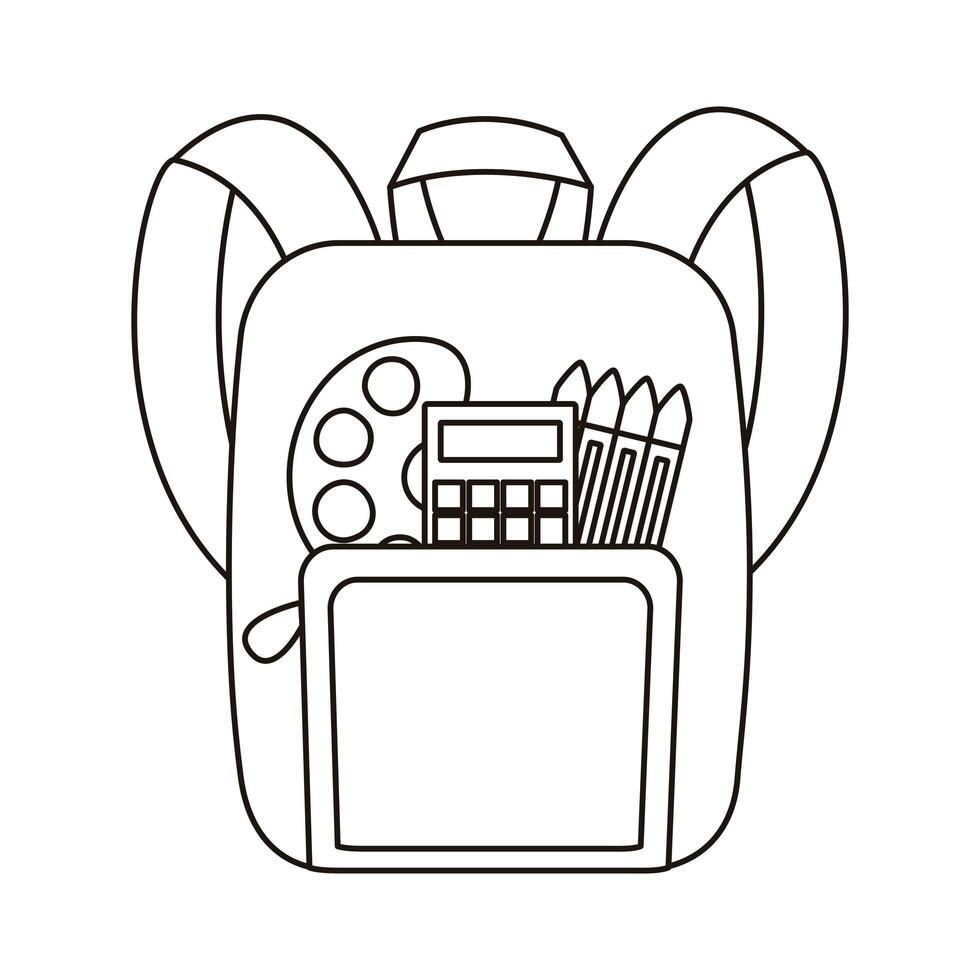 school bag with crayons and calculator flat style icon vector