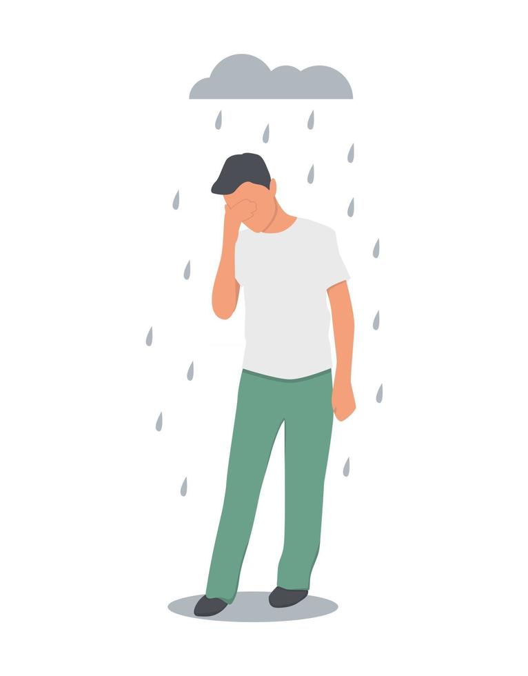 vector plano de salud mental aisló a un hombre de pie bajo una nube con lluvia concepto de tristeza y problemas ilustración vectorial