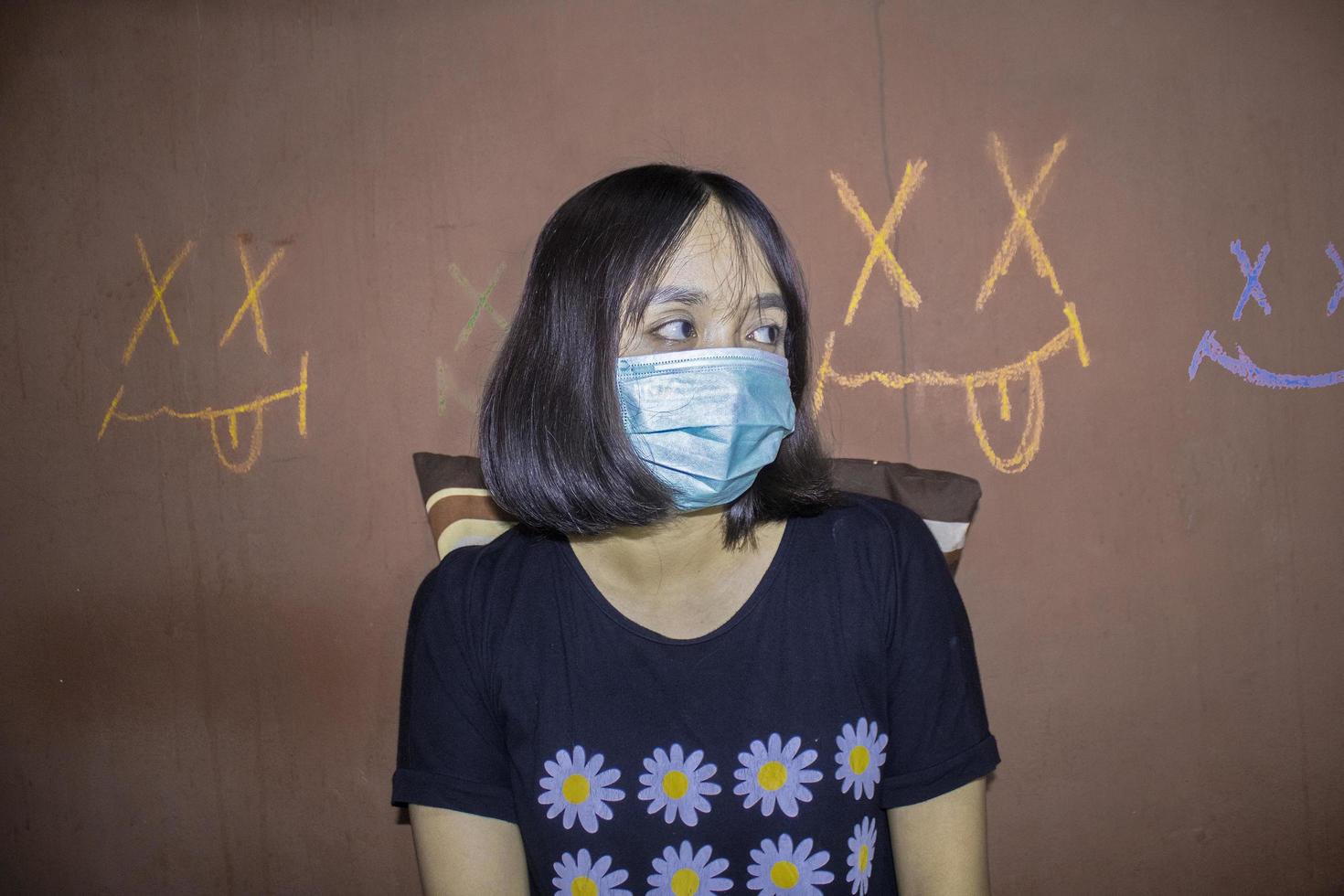 People Stylish Indie Short Hair Girl Wearing Blue Surgical Mask Protecting Herself From Corona Virus Covid19 Flat Vector photo