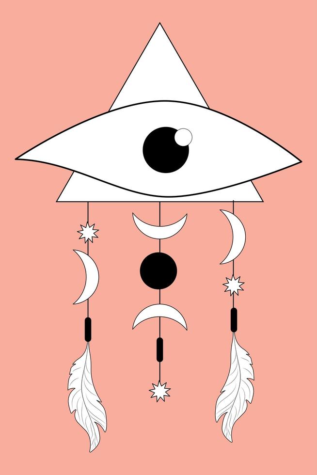 Simple Boho Abstract Eye with Feathers Moons Stars in Minimal Linear Style Astrological Mystical Sacred Talismans vector