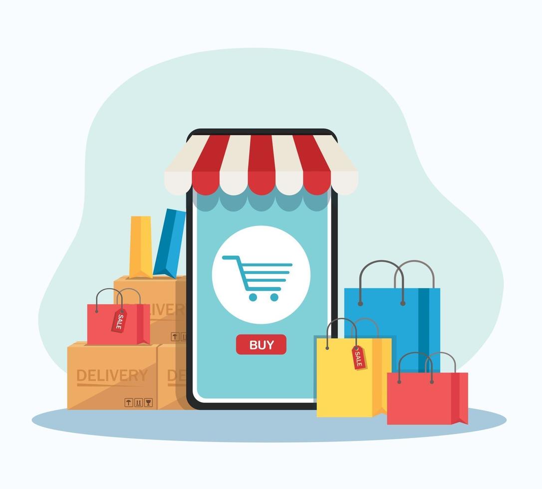 Compras en línea sobre aplicaciones y concepto móvil marketing digital en línea. vector