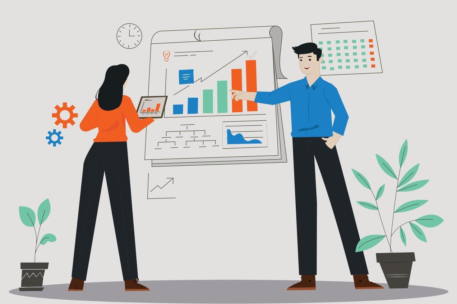illustration of a man and a woman presenting their work vector