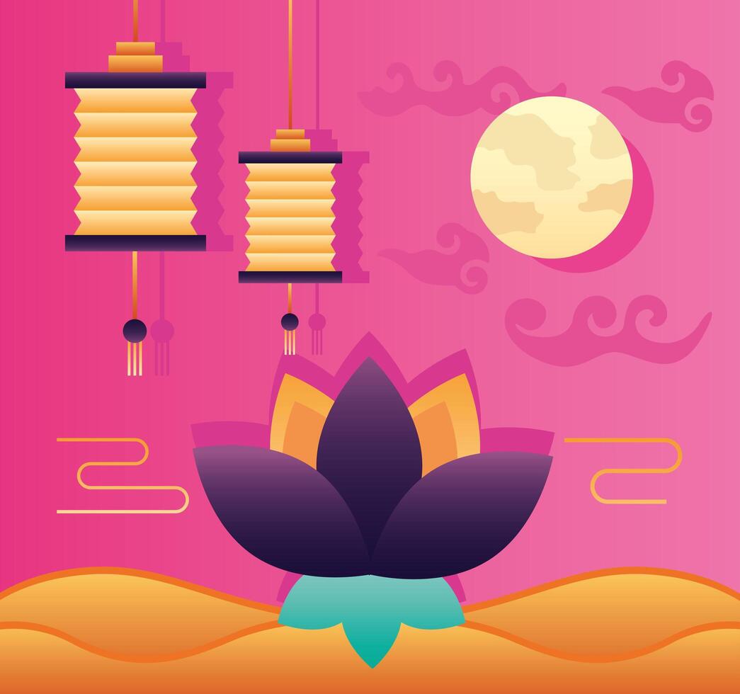 happy mid autumn festival poster with fullmoon and lotus flower vector