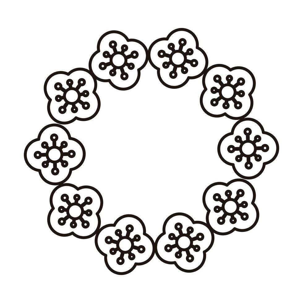 beautiful flowers garden circular frame line style vector