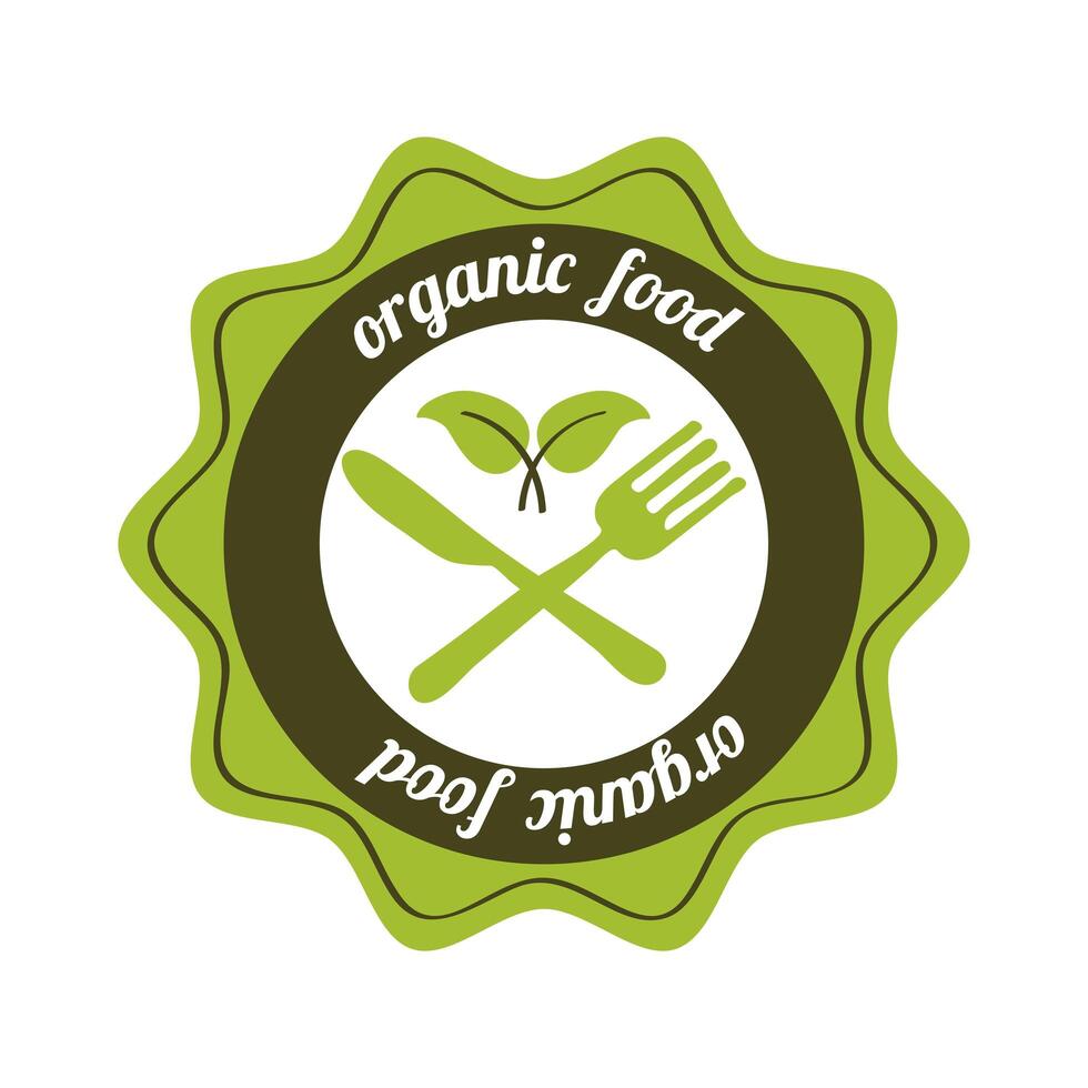 organic food label with fork and knife on white background vector