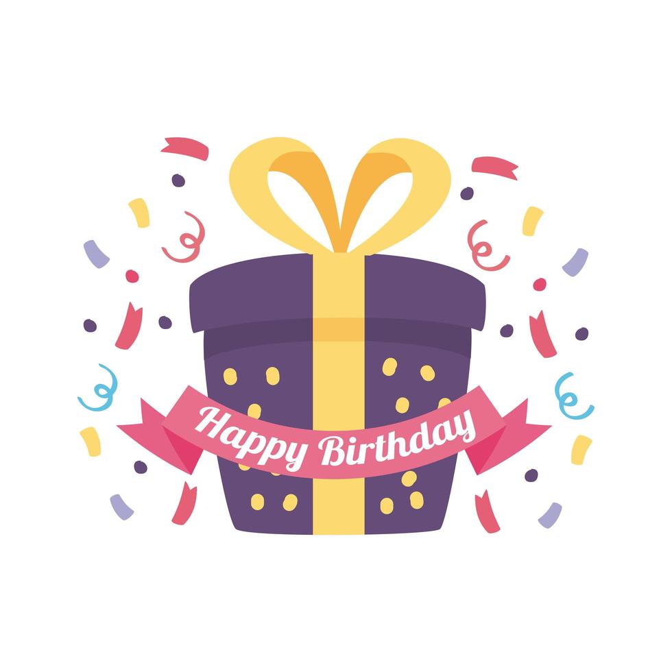 Insignia de feliz cumpleaños con caja de regalo confeti y decoración de cinta vector