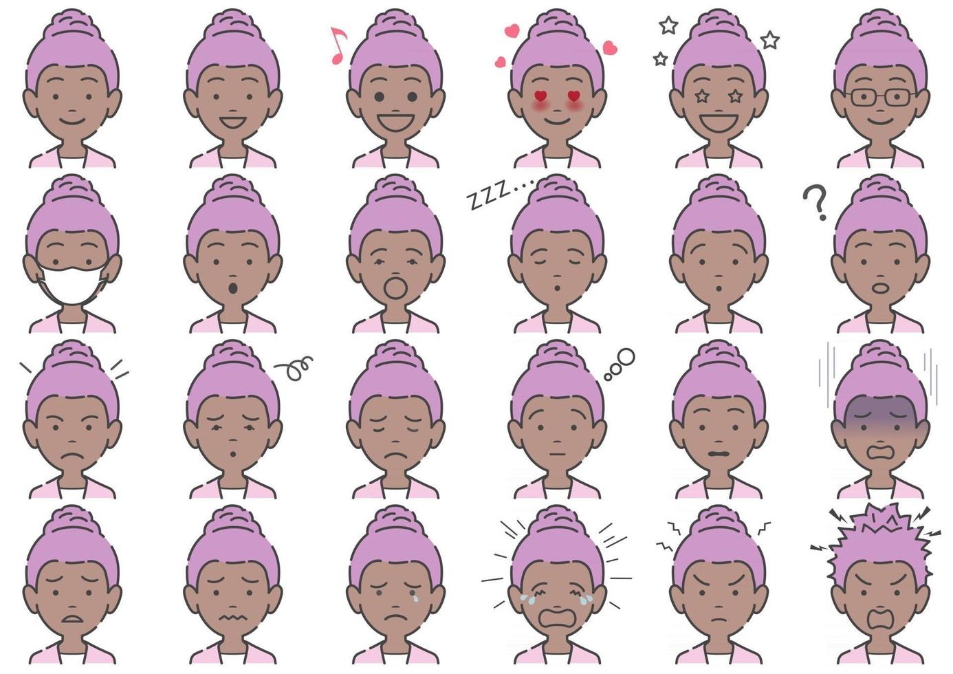 Vector de empresaria africana diversas expresiones faciales conjunto aislado sobre un fondo blanco.