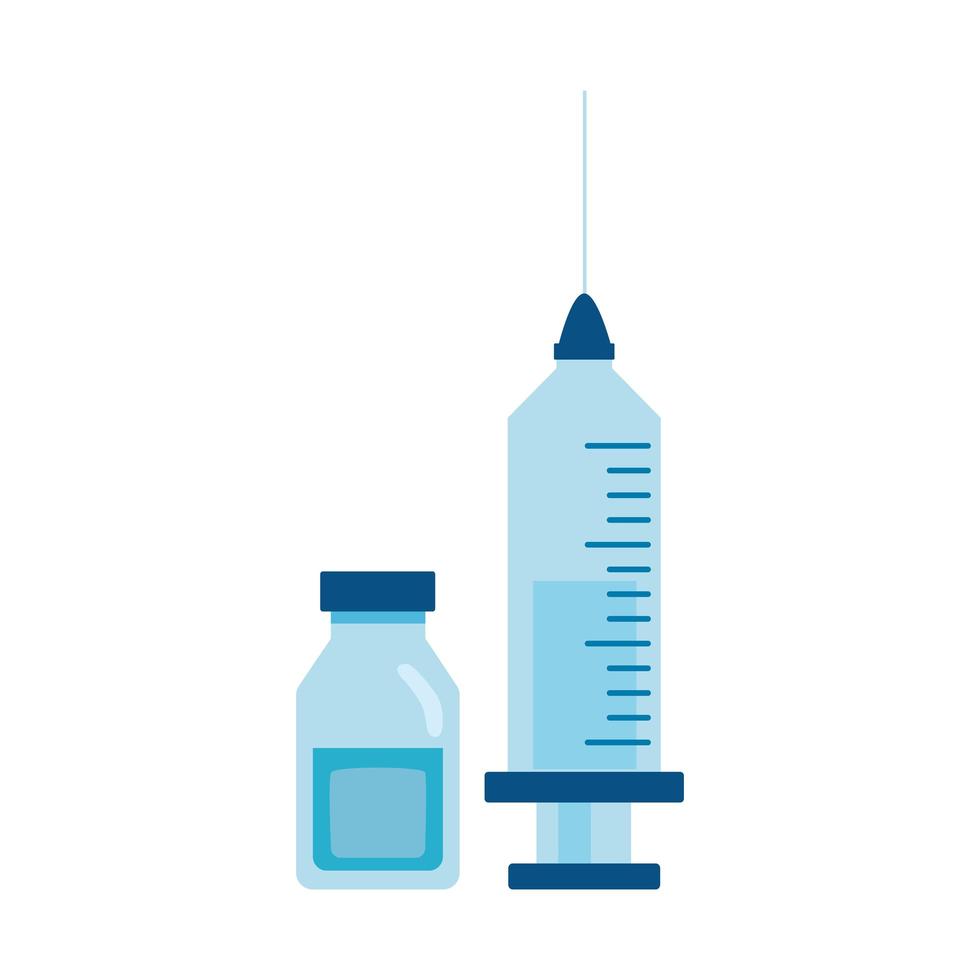 jeringa de vacuna con icono de estilo plano de botellas de drogas vector