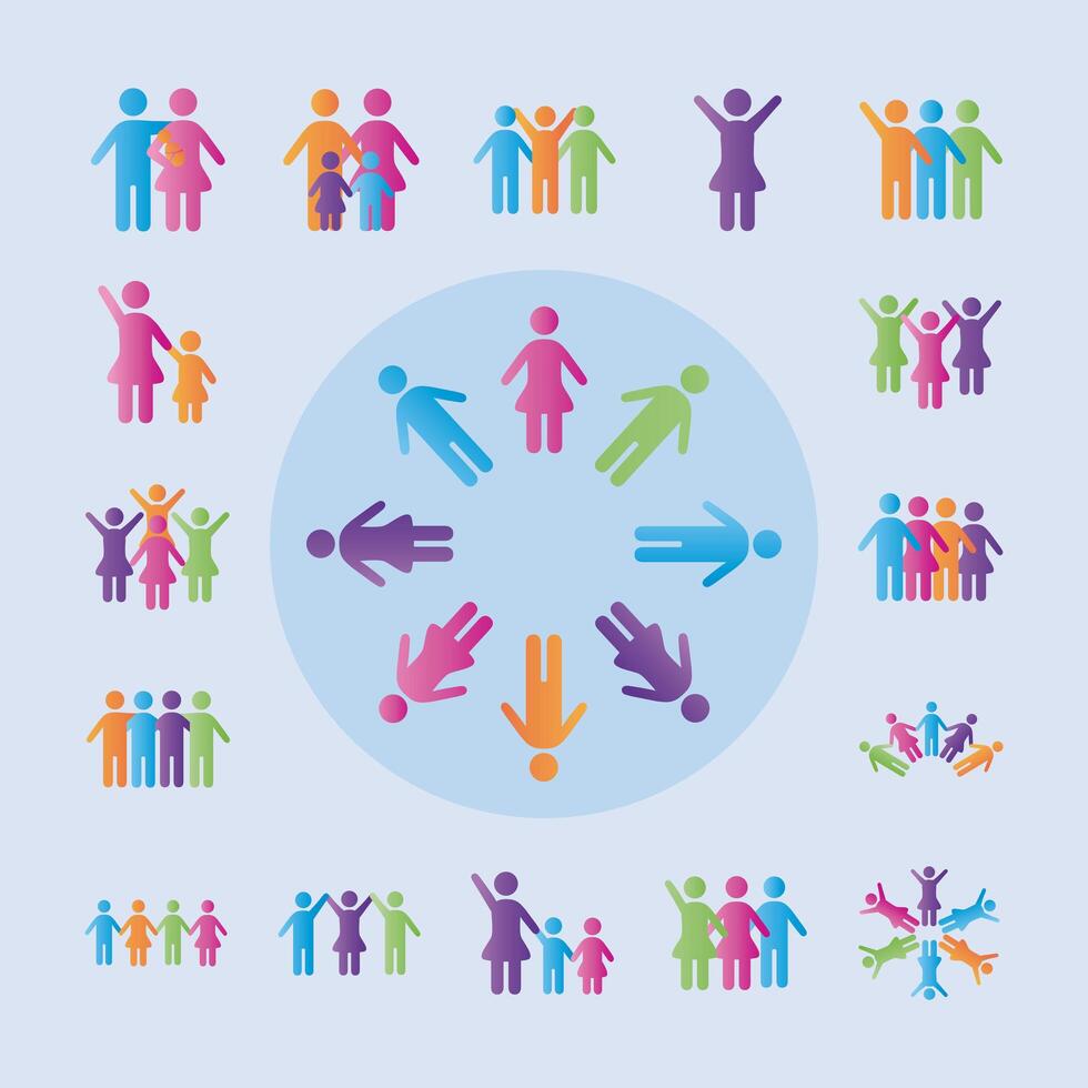 bundle of community and family figures in white background degradient style icons vector