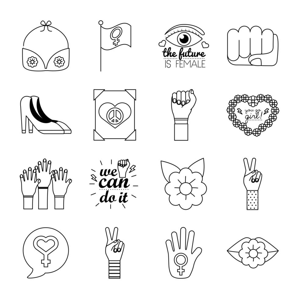 bundle of sixteen feminism line style icons vector