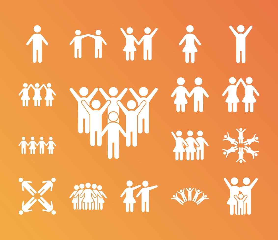 bundle of community and family figures in black background degradient style icons vector