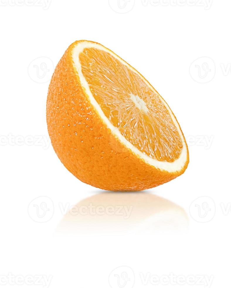Orange fruit half isolated on white background with shadow and reflection photo