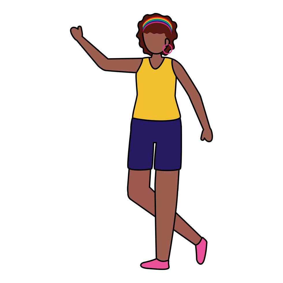 mujer joven afro con carácter de mano arriba vector