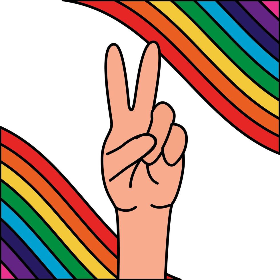 Bandera Gay Con Los Colores Del Arco Iris Y La Mano De La Victoria Vector En Vecteezy