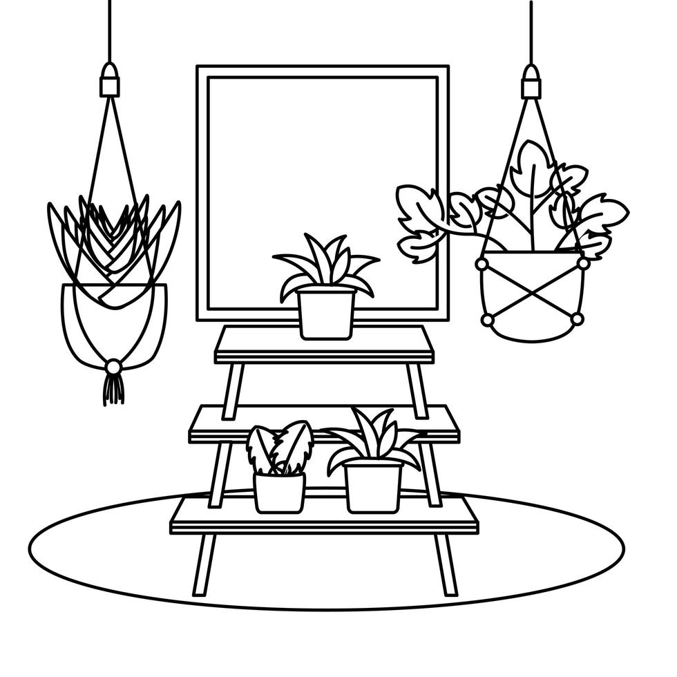 Plantas dentro de macetas y muebles de diseño vectorial. vector