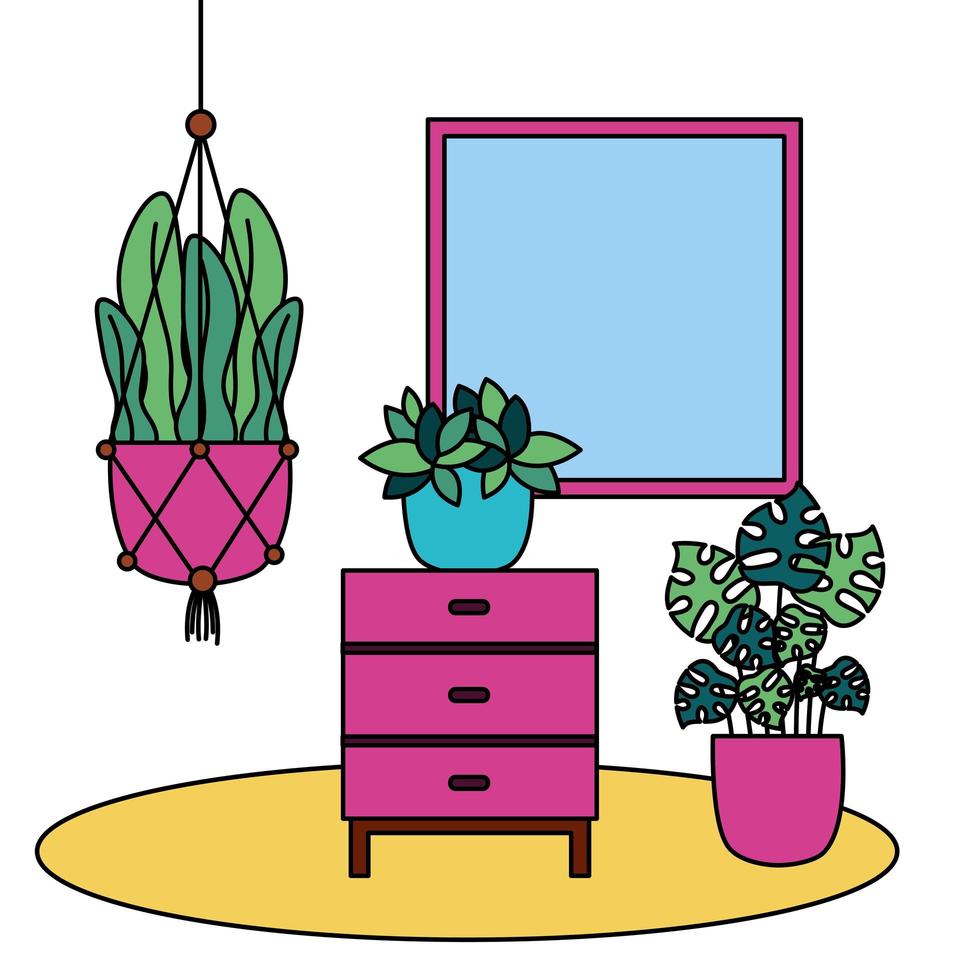 Plantas dentro de macetas y muebles de diseño vectorial. vector