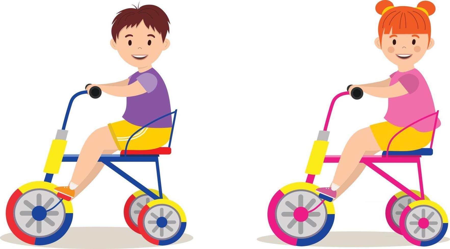 Los niños andan en bicicleta en una ilustración de vector de fondo blanco