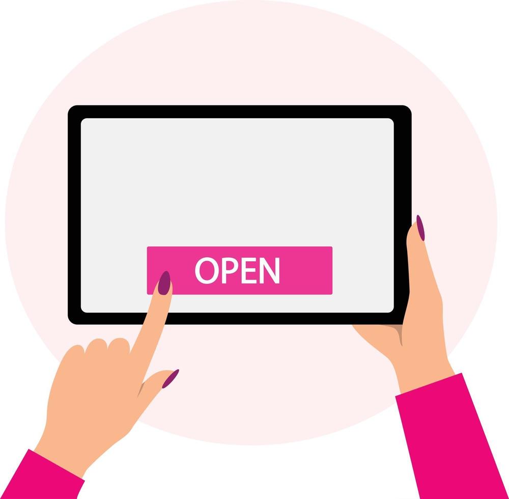 Female handpressing open button on tablet vector