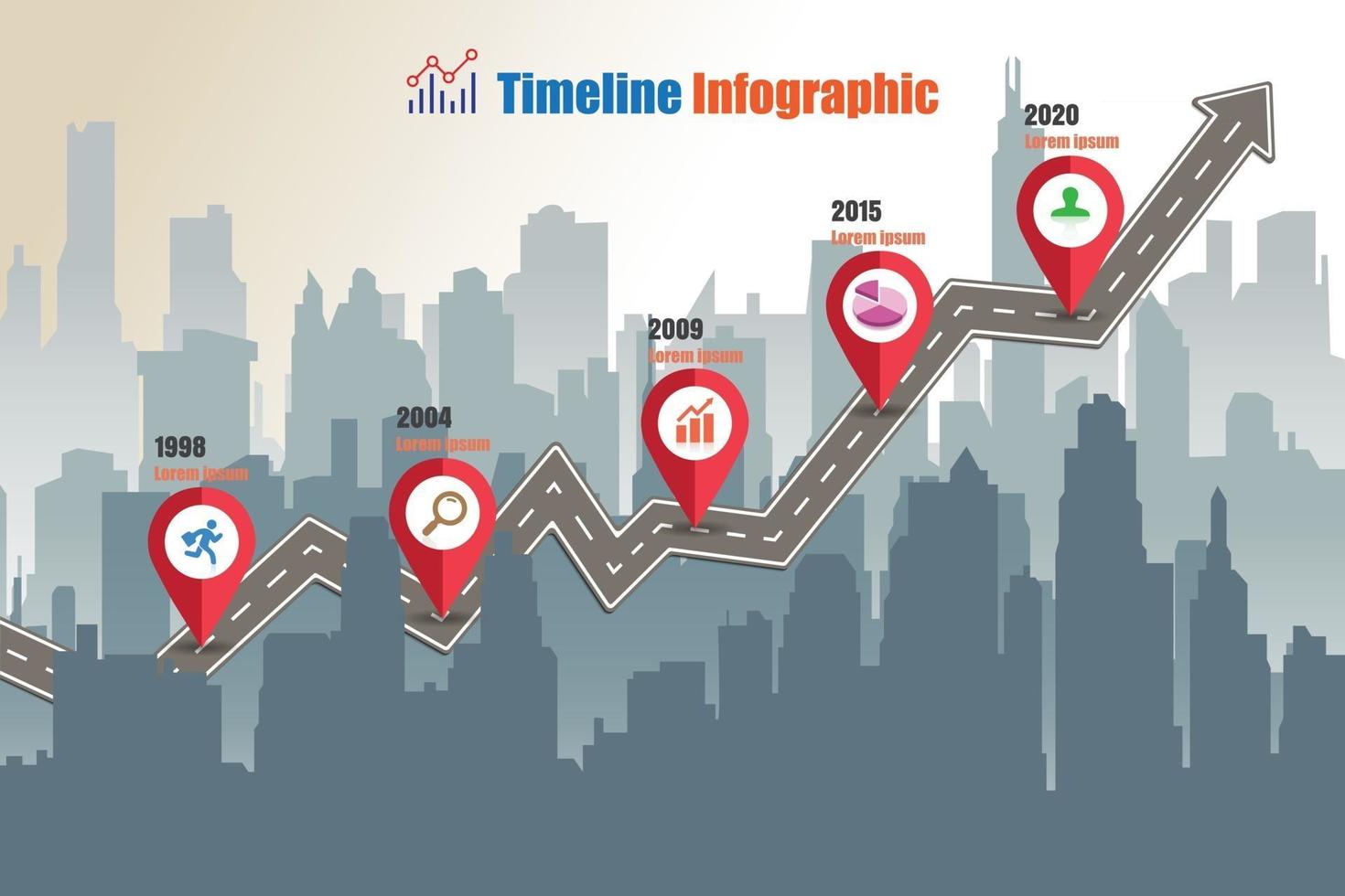 ciudad de infografía de línea de tiempo de mapa de carreteras de negocios diseñado para fondo abstracto. plantilla hito elemento diagrama moderno proceso tecnología digital. gráfico de presentación de datos de marketing. vector