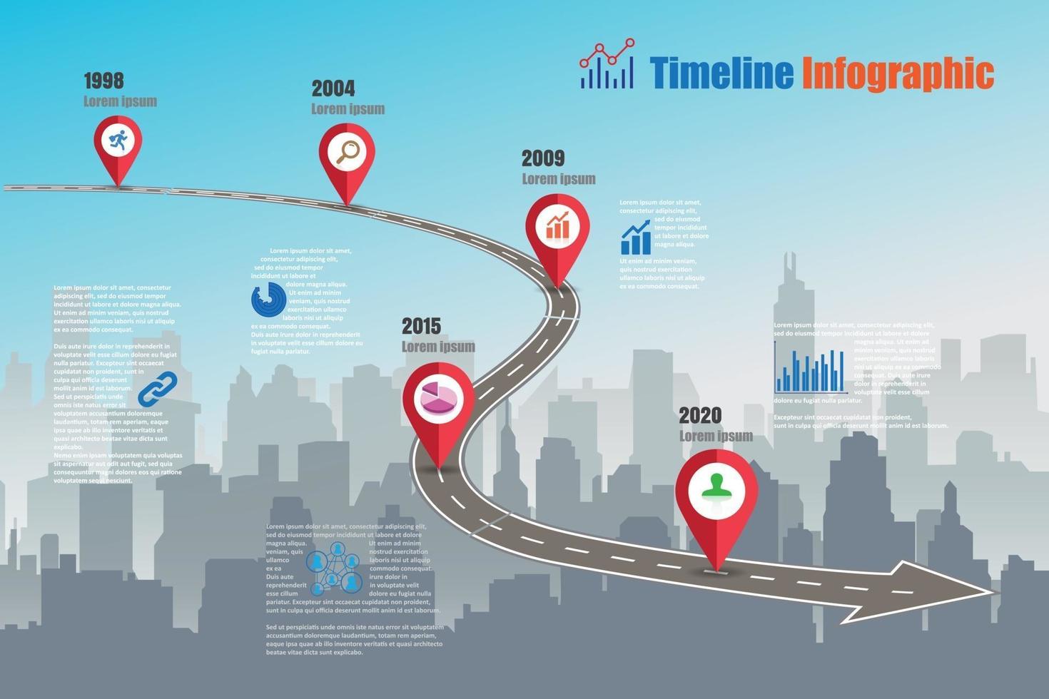 ciudad de infografía de línea de tiempo de mapa de carreteras de negocios diseñado para fondo abstracto. plantilla hito elemento diagrama moderno proceso tecnología digital. gráfico de presentación de datos de marketing. vector