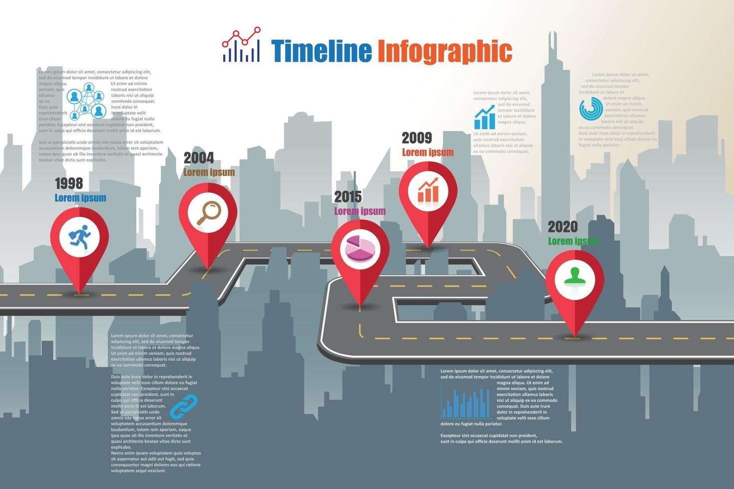 ciudad de infografía de línea de tiempo de mapa de carreteras de negocios diseñado para fondo abstracto. plantilla hito elemento diagrama moderno proceso tecnología digital. gráfico de presentación de datos de marketing. vector