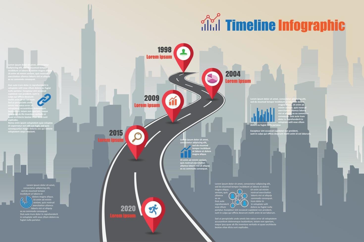 ciudad de infografía de línea de tiempo de mapa de carreteras de negocios diseñado para fondo abstracto. plantilla hito elemento diagrama moderno proceso tecnología digital. gráfico de presentación de datos de marketing. vector