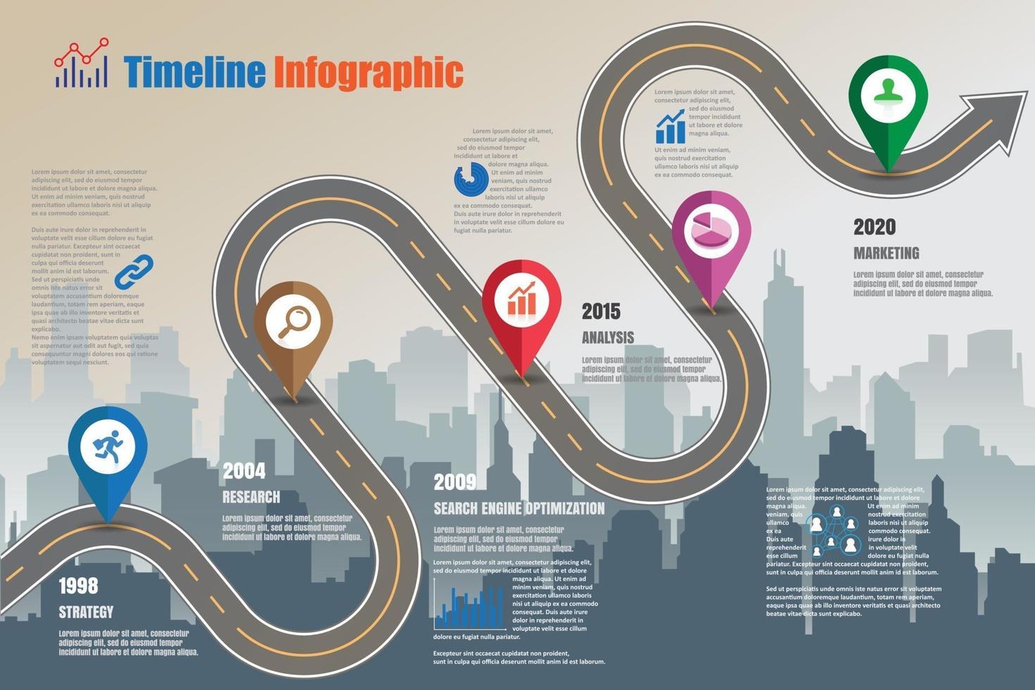 Business road map timeline infographic city designed for abstract background. Template milestone element modern diagram process technology digital. Marketing data presentation chart. vector