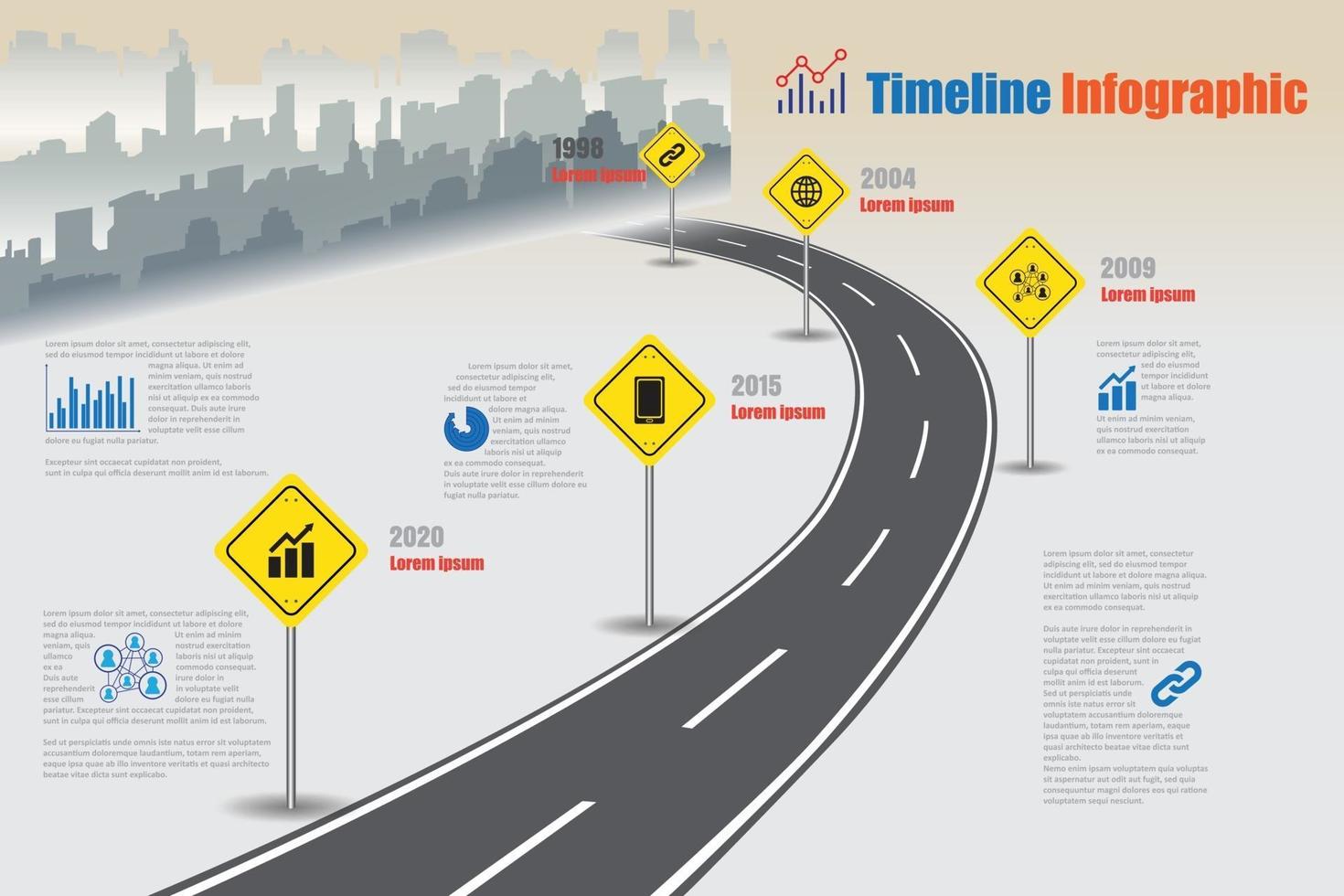 ciudad de infografía de línea de tiempo de mapa de carreteras de negocios diseñado para fondo abstracto. plantilla hito elemento diagrama moderno proceso tecnología digital. gráfico de presentación de datos de marketing. vector