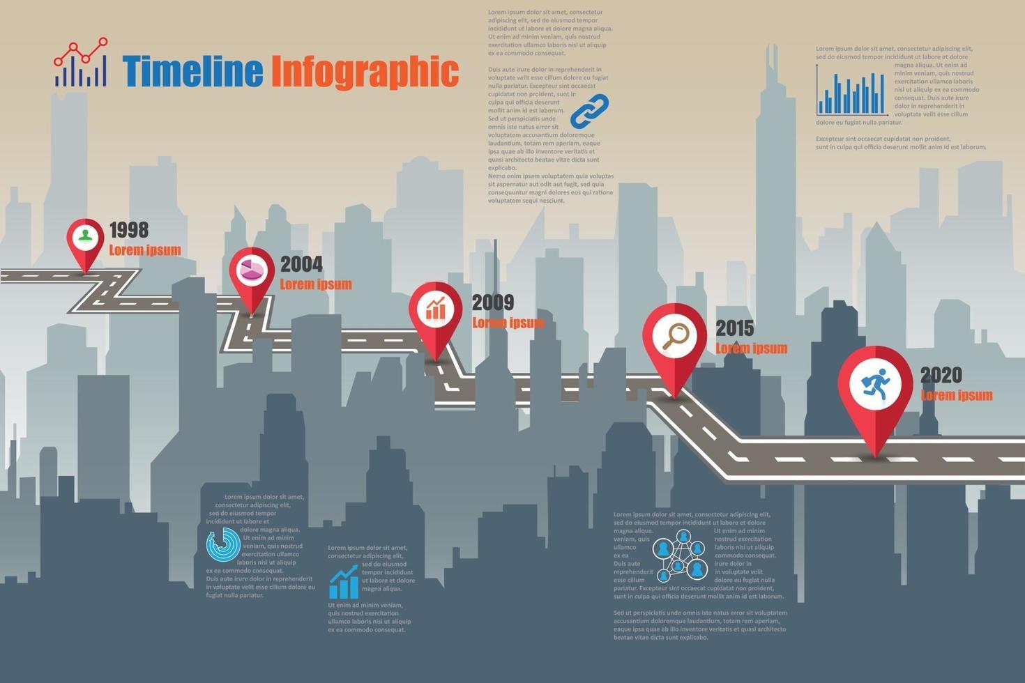 ciudad de infografía de línea de tiempo de mapa de carreteras de negocios diseñado para fondo abstracto. plantilla hito elemento diagrama moderno proceso tecnología digital. gráfico de presentación de datos de marketing. vector